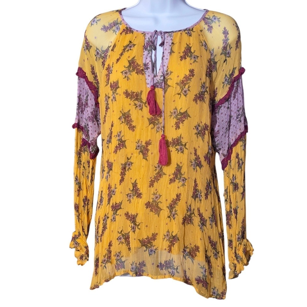 Sundance Large Blouse Yellow Floral Dreams Boho Tassel Tie V-Neck Long Sleeve
